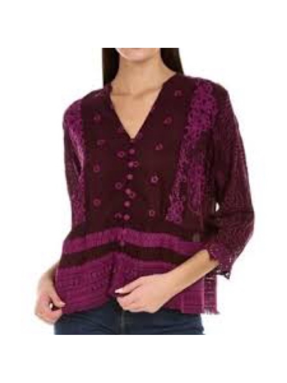 Johnny Was Polyvore Juniper Blouse Merlot Cupra Pink Embroidery 3/4 Sleeve L